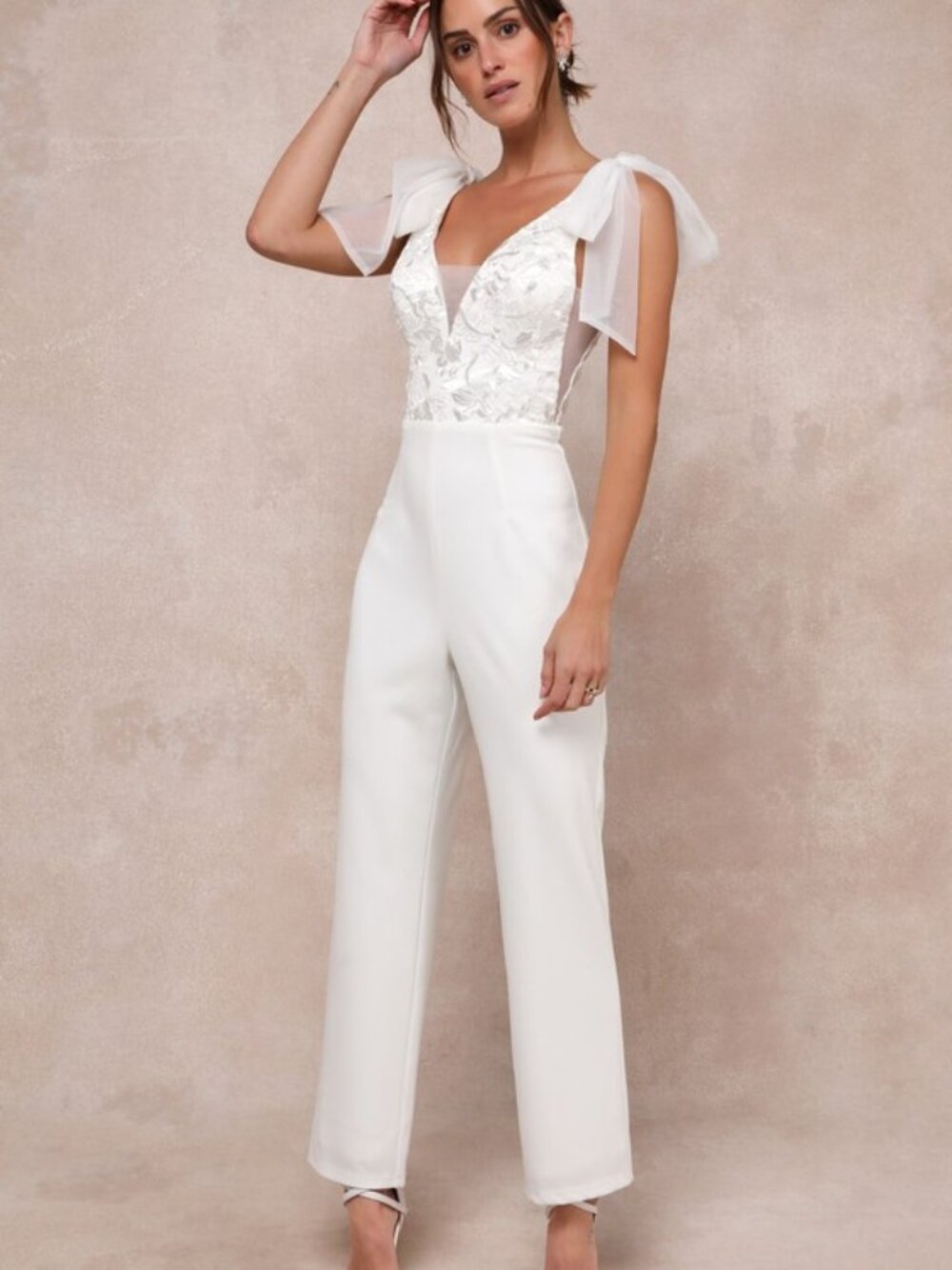Lulus Dignified Beauty White Mesh Embroidered Tie-strap Jumpsuit - Size XS